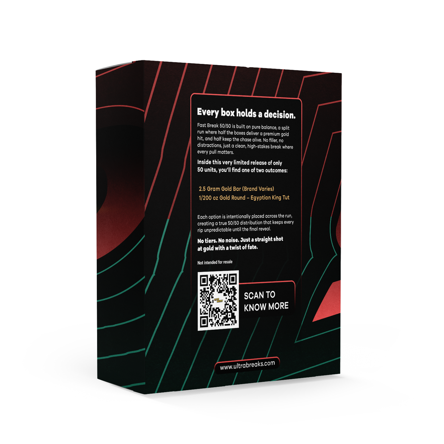 Product packaging with text and QR code on a black background