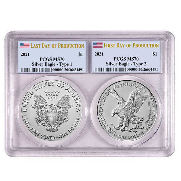 2021 $1 Type 1, Type 2 Silver Eagle Set - PCGS MS70 First and Last Day of Production Label