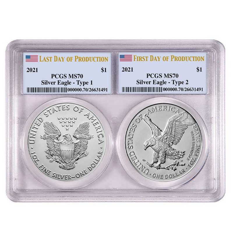 2021 $1 Type 1, Type 2 Silver Eagle Set - PCGS MS70 First and Last Day of Production Label
