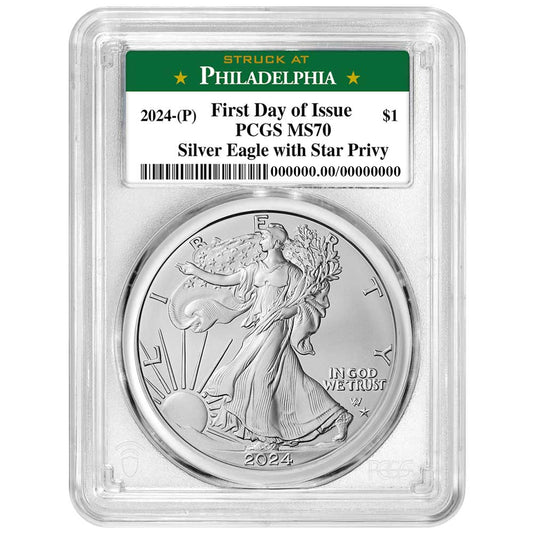 2024-(P) Silver Eagle Dollar Star Privy - PCGS MS70 FDOI