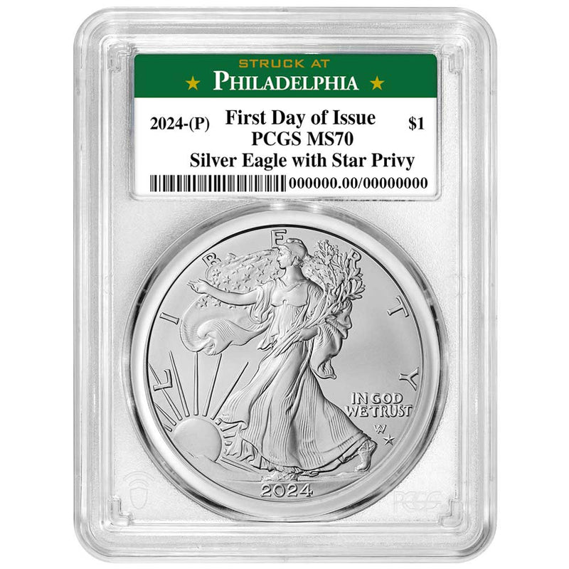 2024-(P) Silver Eagle Dollar Star Privy - PCGS MS70 FDOI