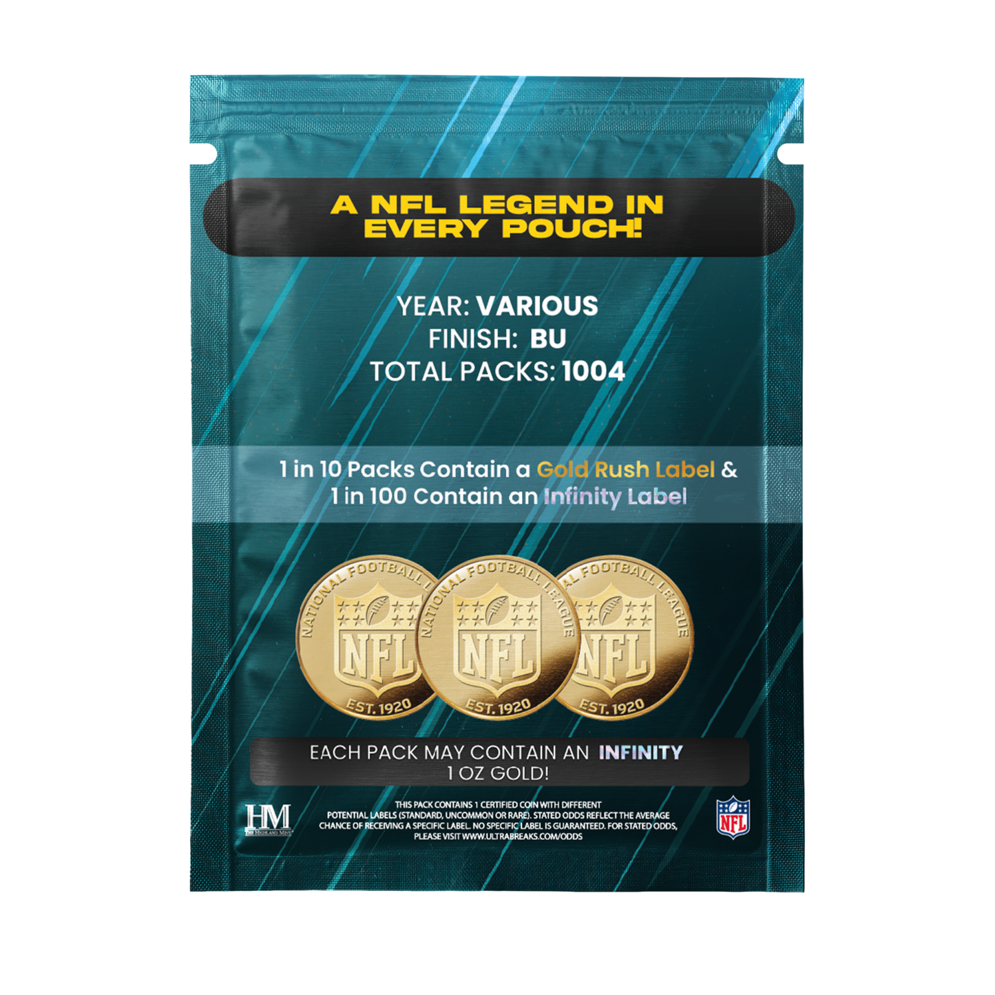 NFL trading card pack with gold coins and text on a blue background